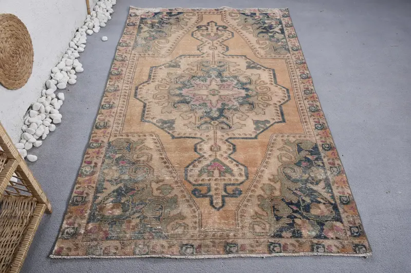 Handmade 0.4x0.6 ft Orange Blue Rug, Floral Geometric Design