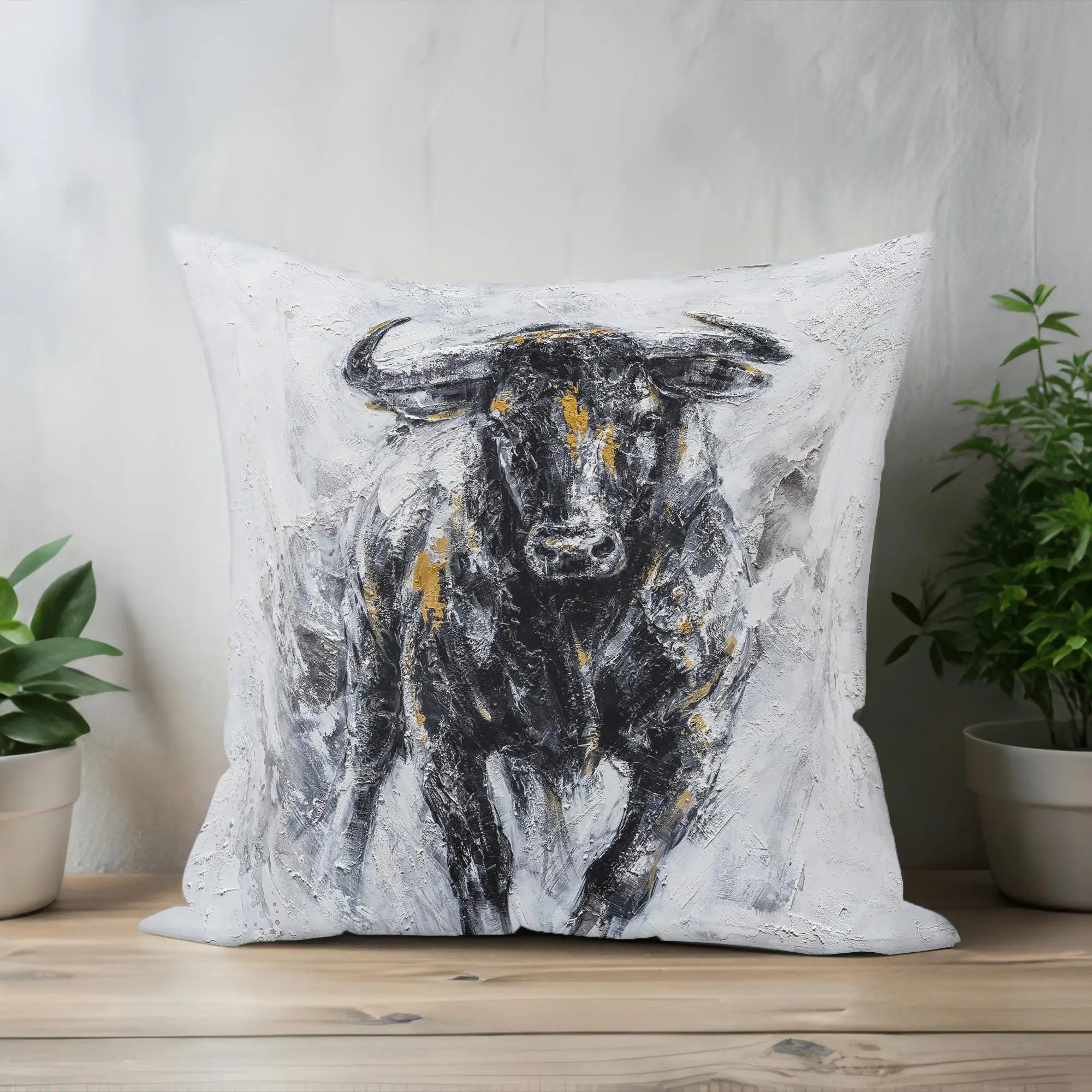 Abstract Bull Print Pillow: Modern Black Home Decor Accent - 1