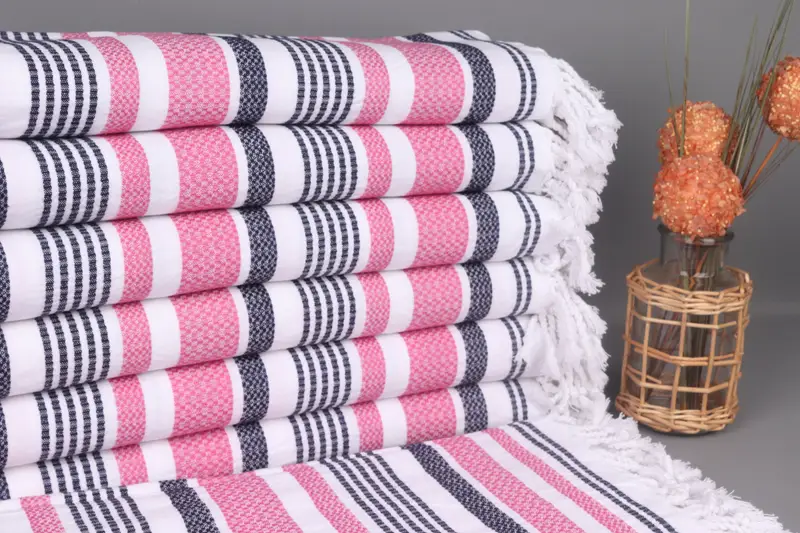 Turkish Towel Navy Blue-Pink Striped, Organic Cotton, 36x71 Inches
