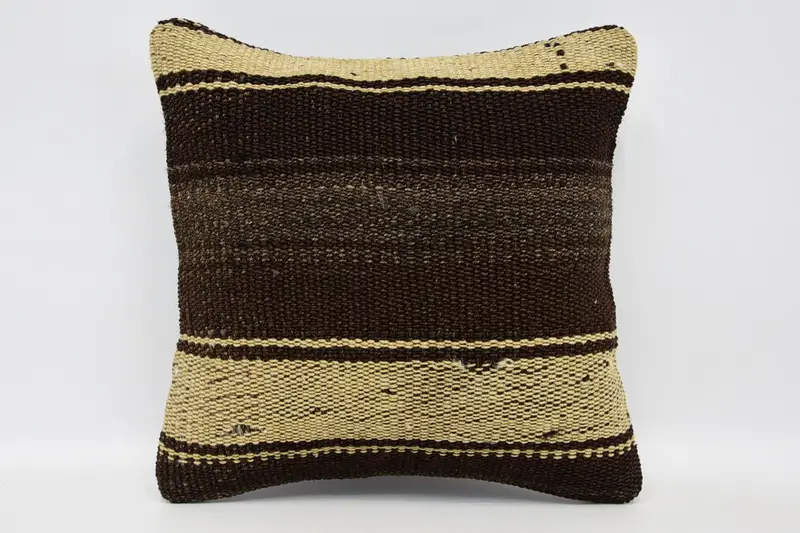 Turkish Striped Brown Pillow, Rustic Small Square 12x12 inch Antique Pillowcase - 1