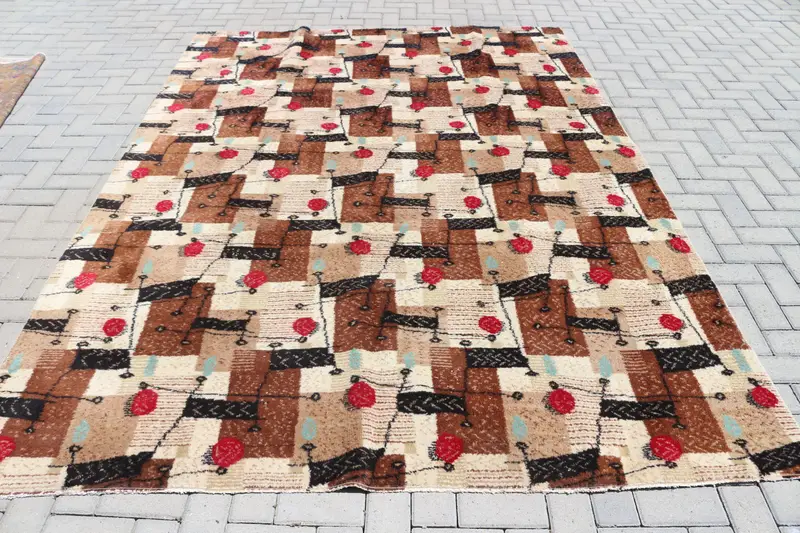 Oushak Vintage Rug, 6.8x9.4 ft Turkish Rug, Brown Abstract Wool Rug - 1