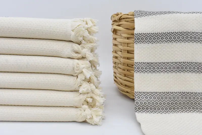 Personalized Turkish Beach Towel Beige Striped, Organic Cotton, 70x40 Inches