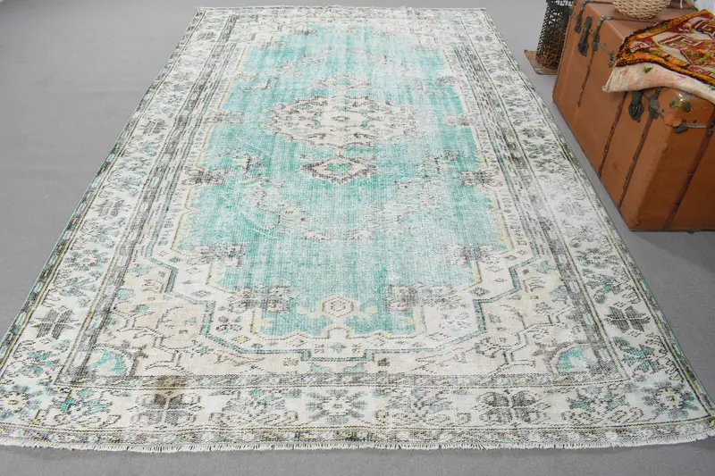 6.2x9.6 ft Turkish Vintage Rug, Large Rug, Oushak Blue Wool Rug - 1