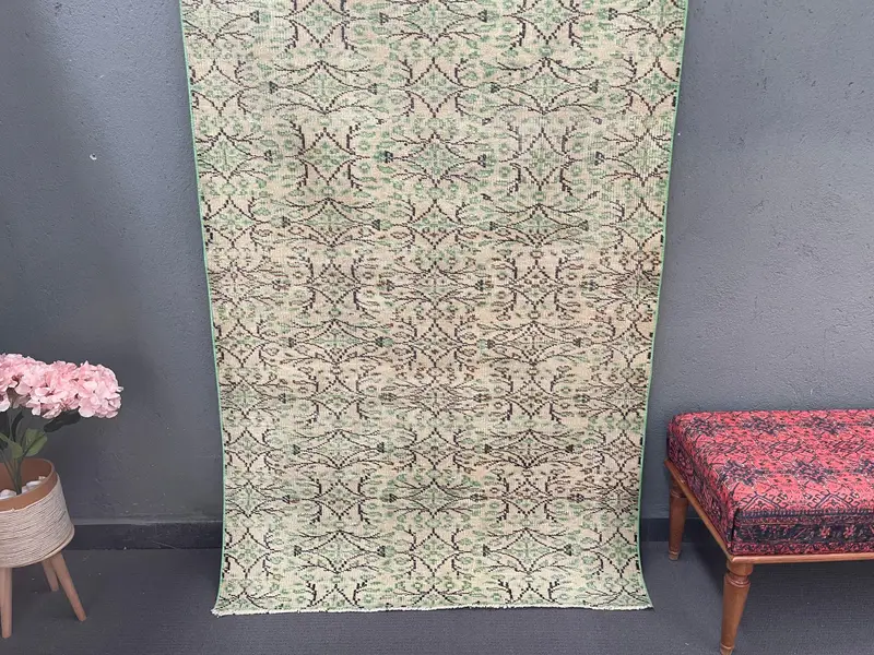Turkish 3.9x6.6 ft Rug, Area Vintage Rug, Green Brown Moroccan Wool Rug - 1