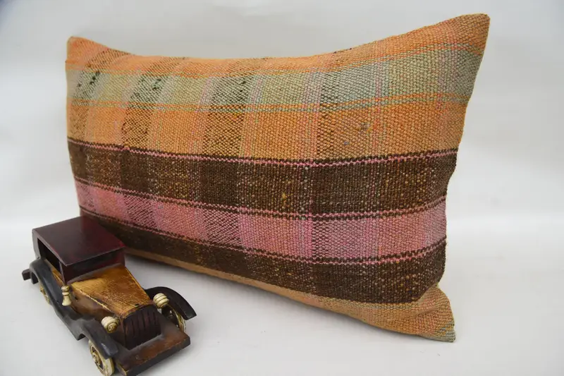 Kilim Pillow Cover, Pillow Sham, Boho Chic Pillow, 12x20 Orange Cushion Case, Boho Pillow Sham Cover, Rustic Pillow Case, Turkish Pillow - 2