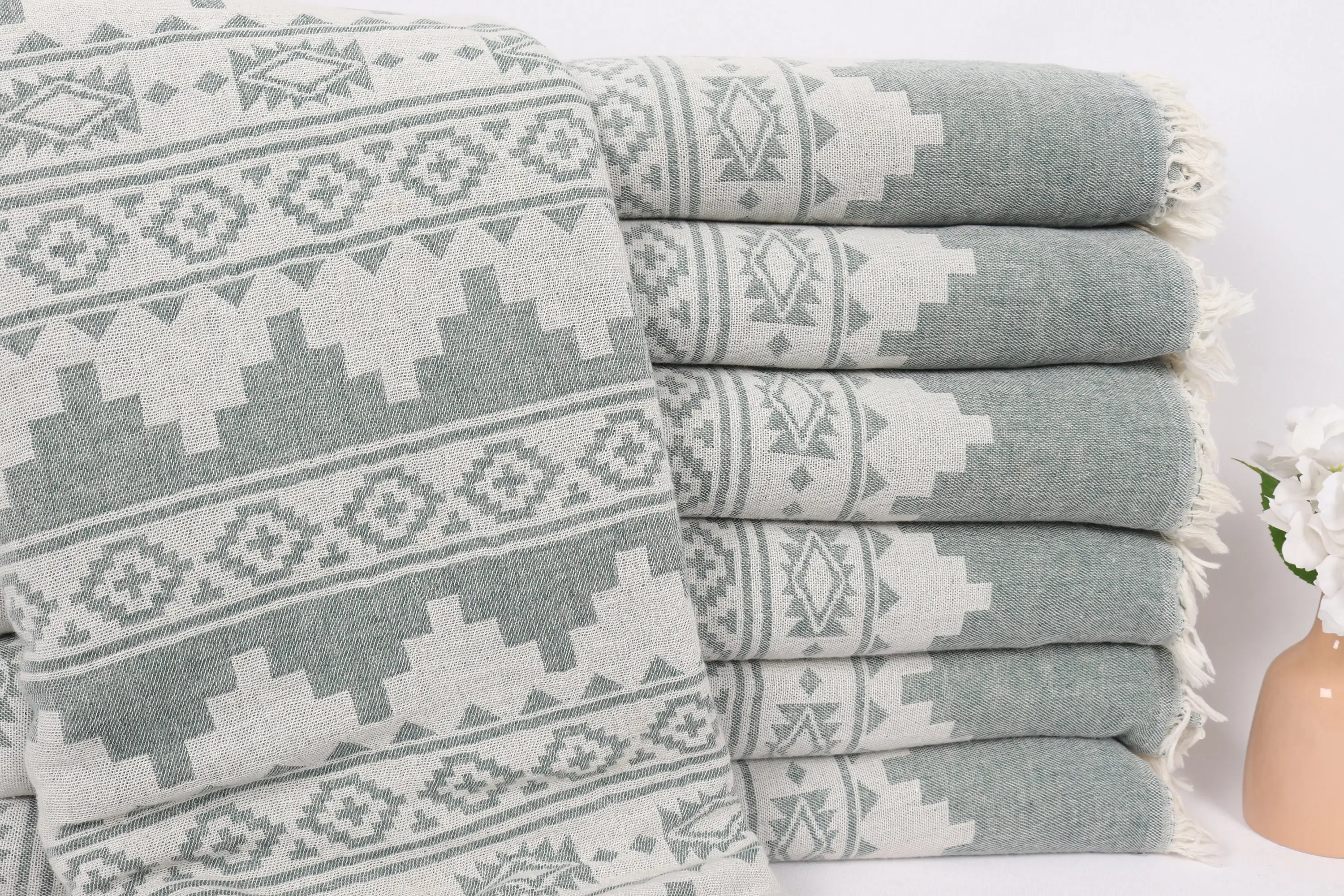 Kilim Blanket, Dark Green Cotton 79x91 Inches, Personalized Turkish Throw - 1