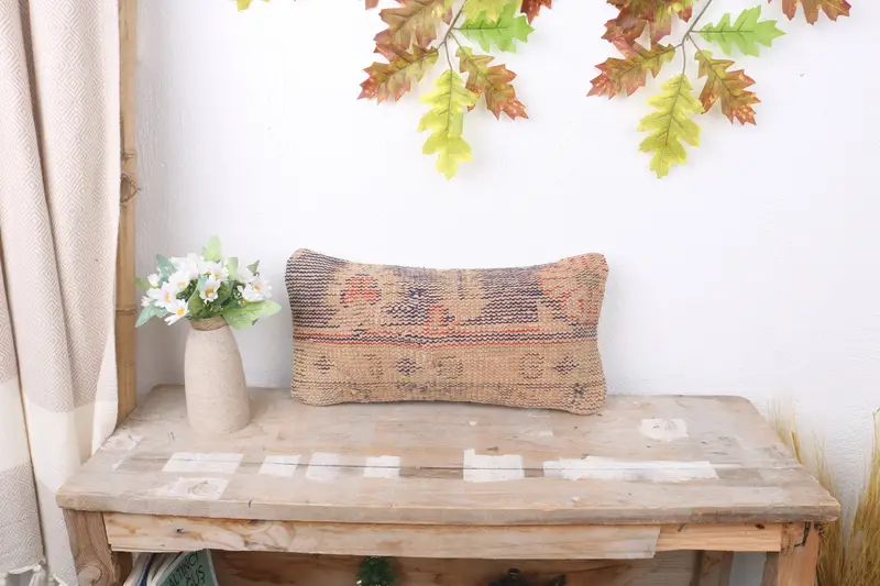 Vintage Kilim Throw Pillow, Neutral Throw Cushion Cover, Gift Pillow, Antique Pillows, 8x16 Blue Cushion, Pillow Case, Neutral Pillow Case - 1