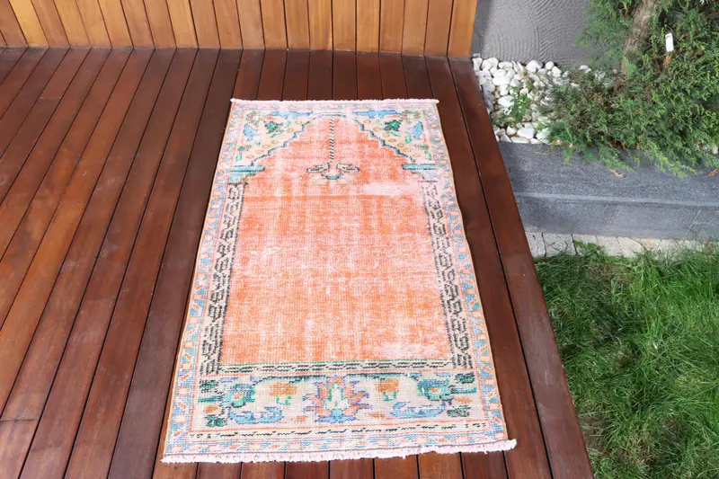 Vintage Turkish Rug, 2.4x4.3 ft Oushak Rug, Orange Floral Wool Rug - 1