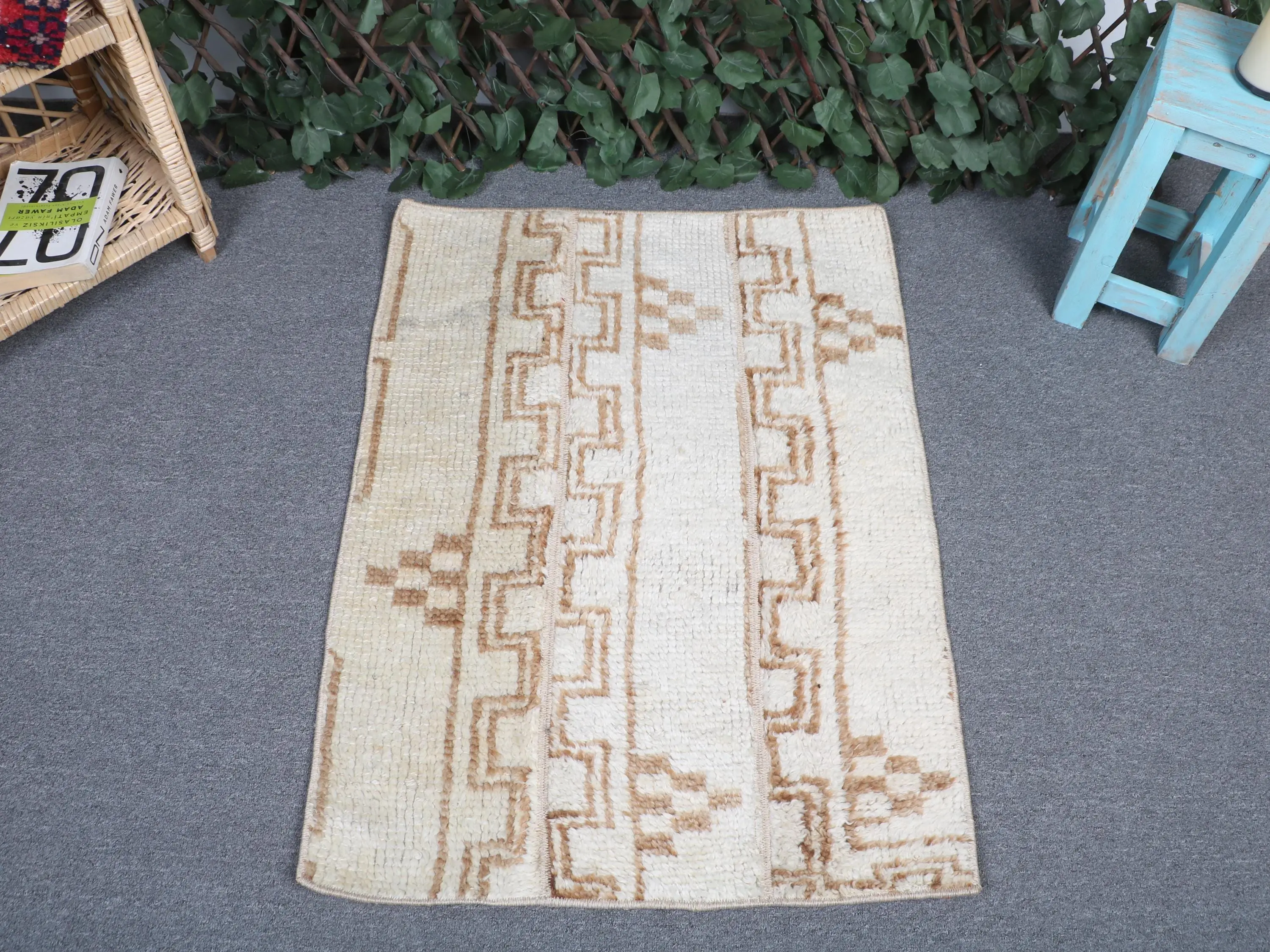 Turkish 2.2x3 ft Rug, Vintage Rug, White Striped Rug Wool - 1