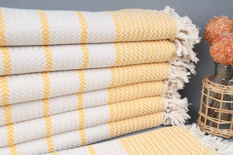 Monogrammed Beach Towel Mustard Diamond Stripes, Organic Cotton, 40x79 Inches