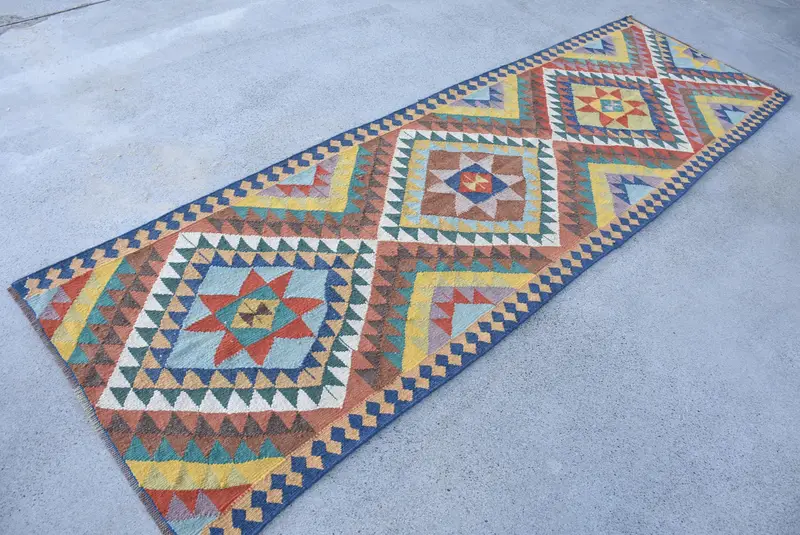 Kilim Turkish Rug, 3.1x10 ft Vintage Rug, Blue Oriental Wool Rug - 1