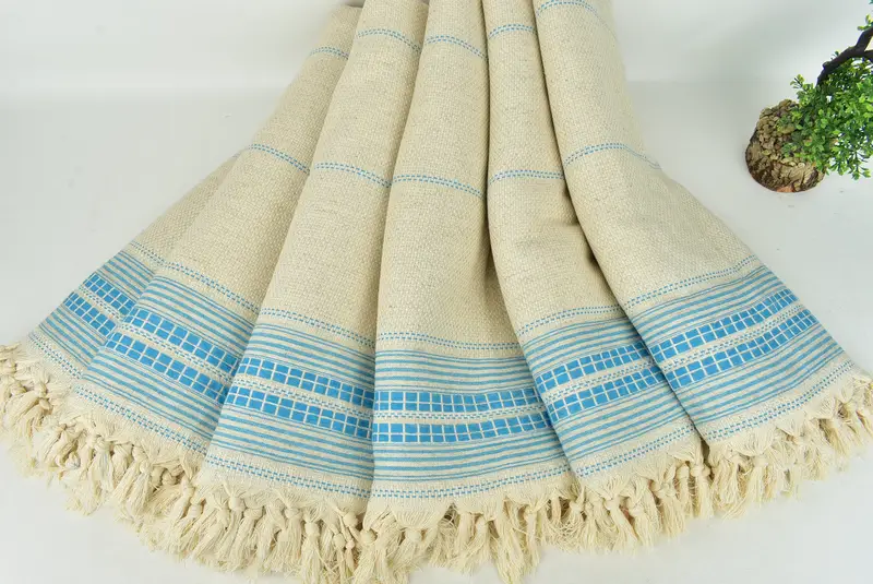 Beach Theme Wedding Gift, Woven Throw Blanket, Wedding Favors, Bridesmaid Gifts, Bachelorette Favor, Organic Throw, 96x94 Linen Striped Towel - 4