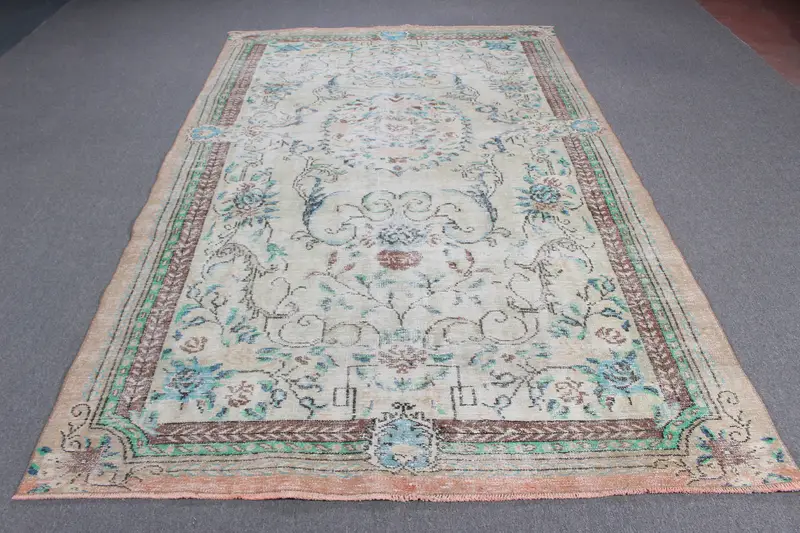 Türk Halısı, 5.7x9.2 ft Büyük Vintage Halı, Oushak Mavi Yeşil Çizgili Halı - 1