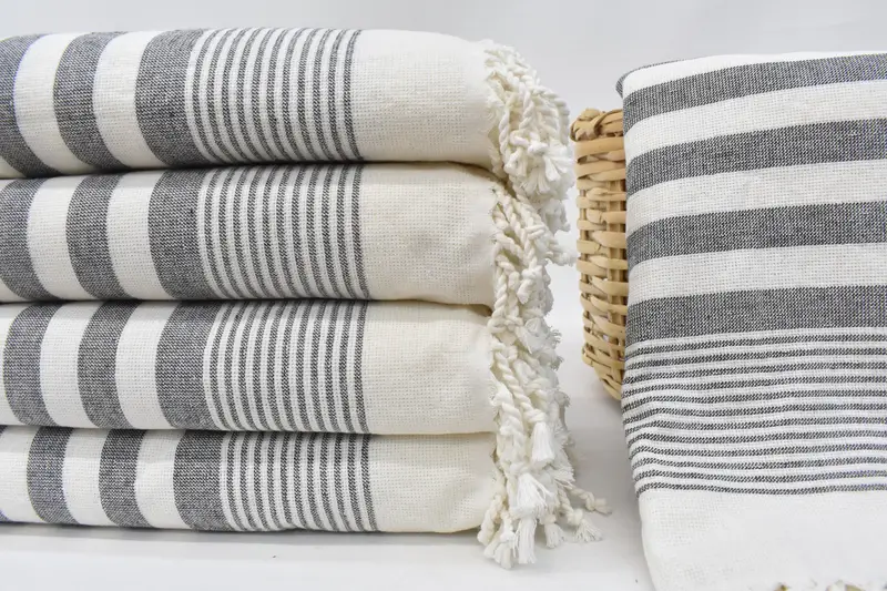 Turkish Beach Towel Personalized Gift, Black Striped Terry, 67x40 Inches