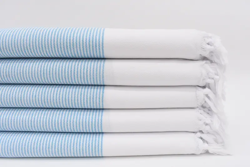 Handmade Turkish Beach Towel Turquoise Striped, Organic Cotton, 70x40 Inches