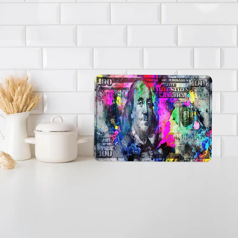 Renkli Para Cam Kesme Tahtası, Benjamin Franklin Tasarımı, Ofis Dostu