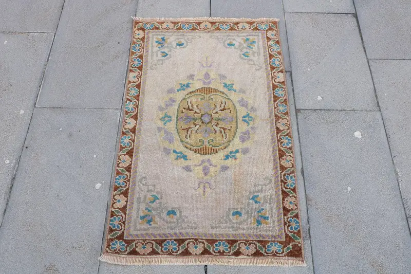 Vintage Rug, Small 1.9x3.1 ft Turkish Rug, Brown Striped Wool Rug - 1