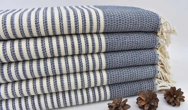 Turkish Bath Towel Navy Striped Organic Cotton, 67x40 Inches