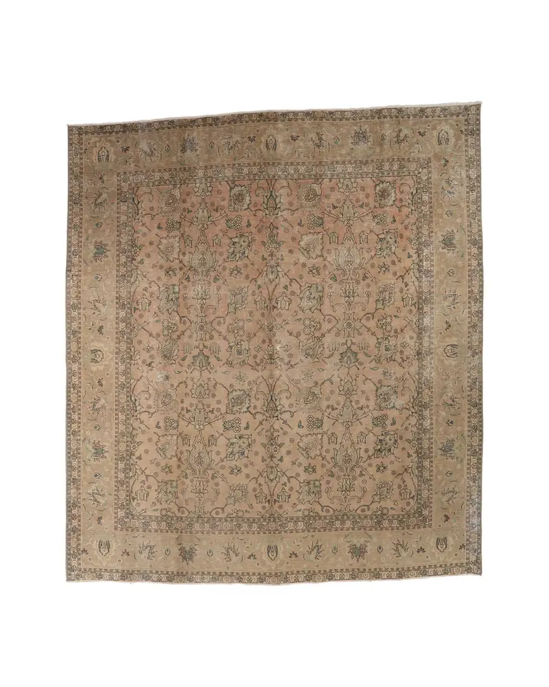Zarif Kahverengi Halı, 11,2x12,4 ft Çiçek ve Geometrik Tasarım