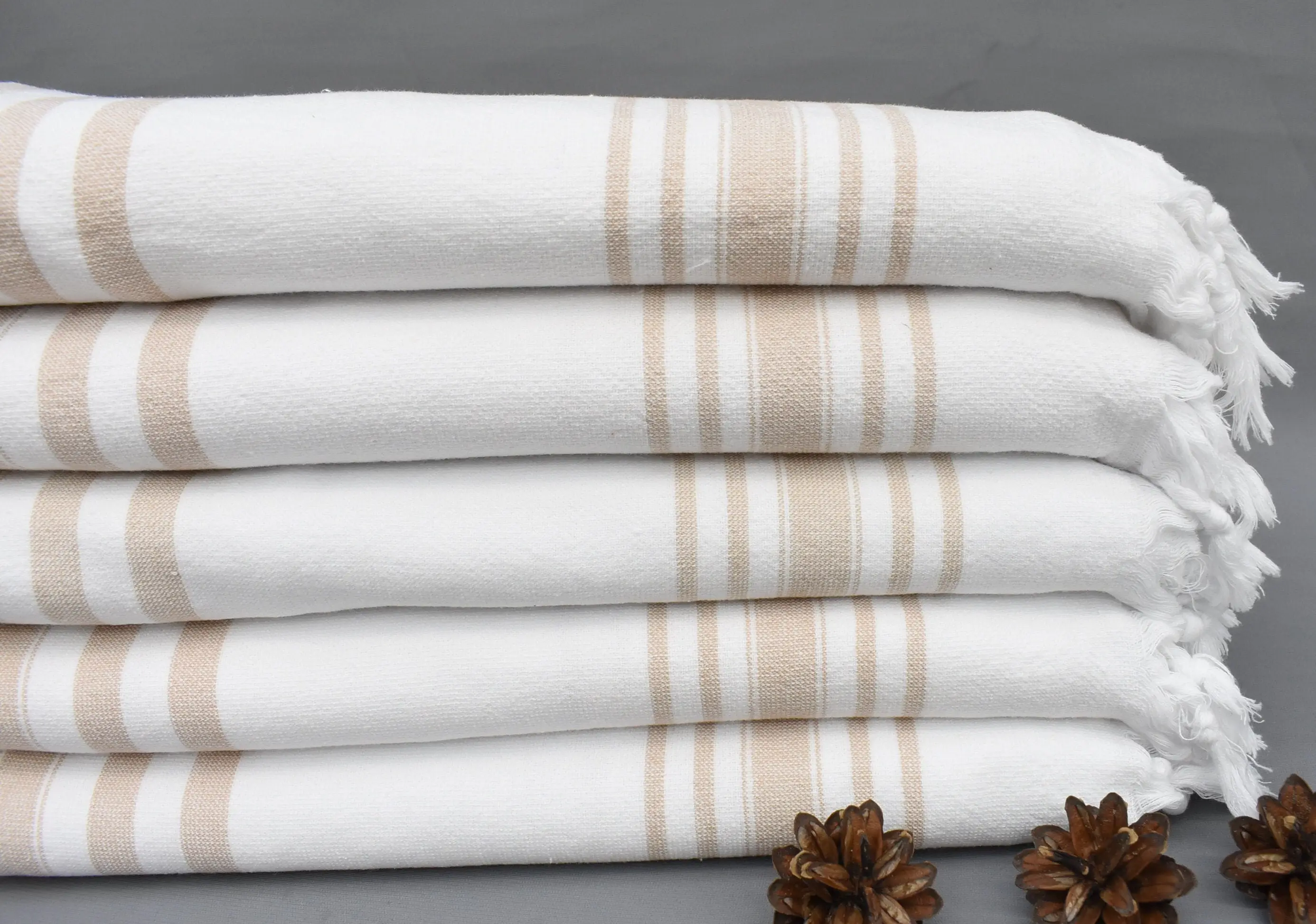 Personalized Turkish Towel Beige Striped Terry, 70x36 Inches - 1