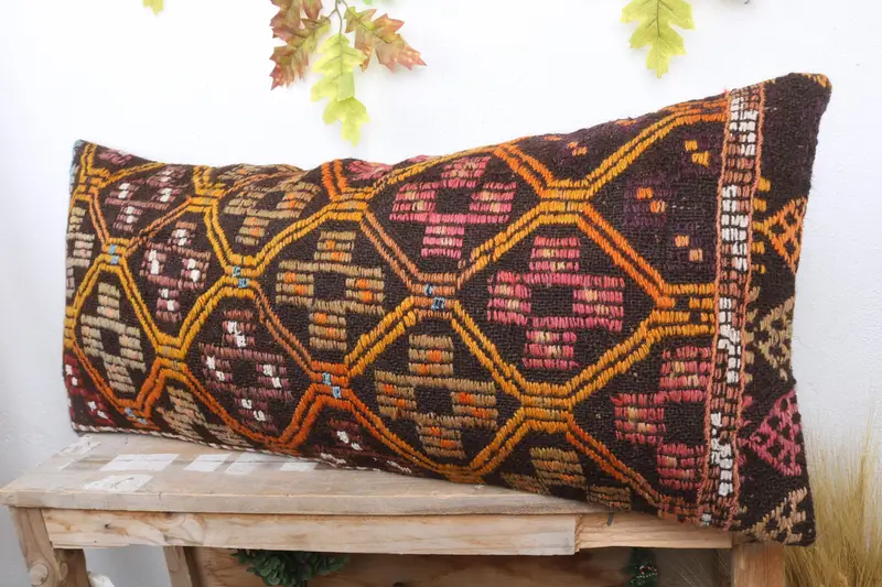 Turkish Corner Pillow Sham, 16x36 Orange Pillow Sham, Pillow for Couch, Kilim Cushion Sham, Boho Pillow, Cushion Case, Ottoman Pillow - 4