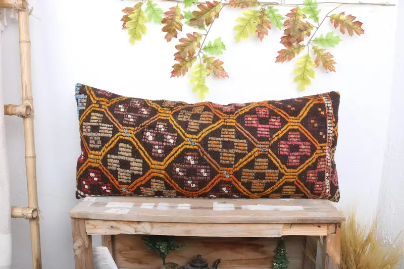 Turkish Corner Pillow Sham, 16x36 Orange Pillow Sham, Pillow for Couch, Kilim Cushion Sham, Boho Pillow, Cushion Case, Ottoman Pillow - 1