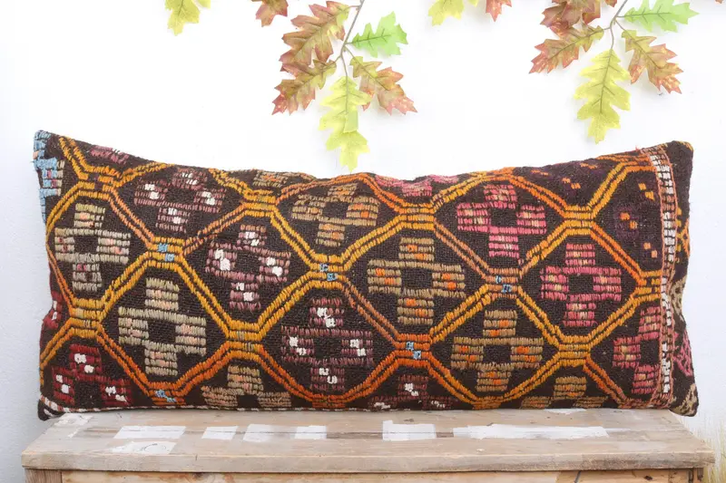 Turkish Corner Pillow Sham, 16x36 Orange Pillow Sham, Pillow for Couch, Kilim Cushion Sham, Boho Pillow, Cushion Case, Ottoman Pillow - 2