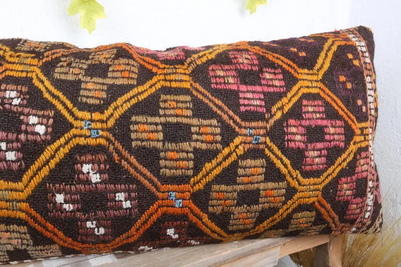 Turkish Corner Pillow Sham, 16x36 Orange Pillow Sham, Pillow for Couch, Kilim Cushion Sham, Boho Pillow, Cushion Case, Ottoman Pillow - 5