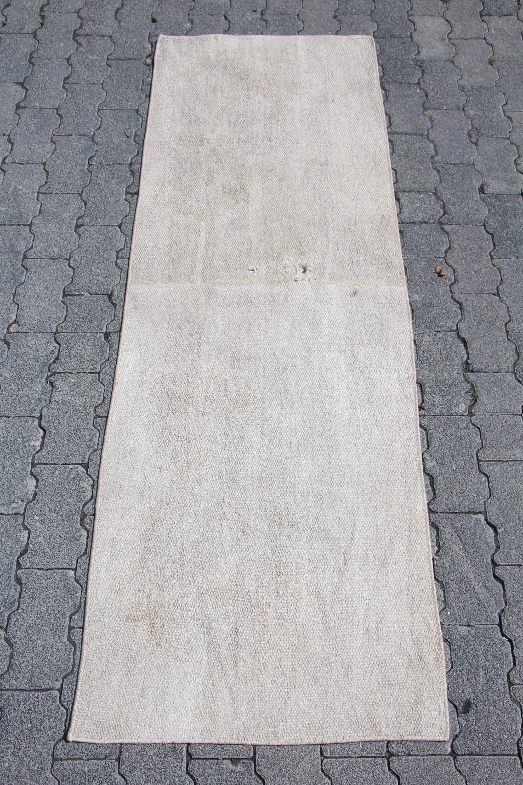 Vintage Turkish Rug 2.1x6.1 ft (63x187 cm), White Striped Wool Rug - 1