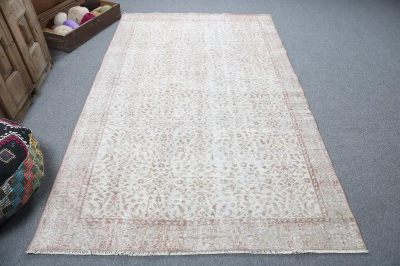 Oushak Vintage Halı, 4.8x7.9 ft Türk Halısı, Beyaz Oryantal Yün Halı - 1