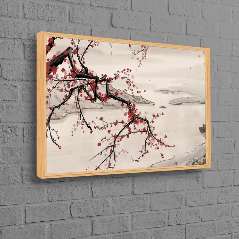 Elegant Japanese Landscape Canvas: Minimal Floral Tree Print