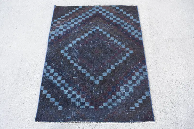 Türk Vintage Küçük Halı 2.6x3.4 ft (79x105 cm), Mavi Çizgili Oushak Halı - 1