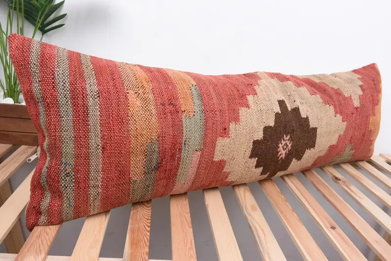 Handwoven Pillow, 16x48 Red Pillow, Turkish Kilim Pillow, Cushion Case, Throw Kilim Pillow, Pillow for Couch, Rustic Pillow Cover - 4