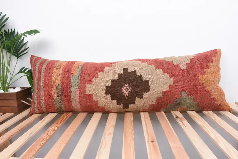 Handwoven Pillow, 16x48 Red Pillow, Turkish Kilim Pillow, Cushion Case, Throw Kilim Pillow, Pillow for Couch, Rustic Pillow Cover - 1