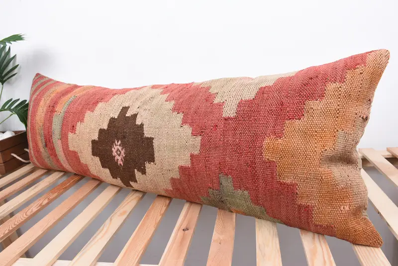 Handwoven Pillow, 16x48 Red Pillow, Turkish Kilim Pillow, Cushion Case, Throw Kilim Pillow, Pillow for Couch, Rustic Pillow Cover - 5