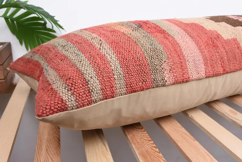 Handwoven Pillow, 16x48 Red Pillow, Turkish Kilim Pillow, Cushion Case, Throw Kilim Pillow, Pillow for Couch, Rustic Pillow Cover - 6