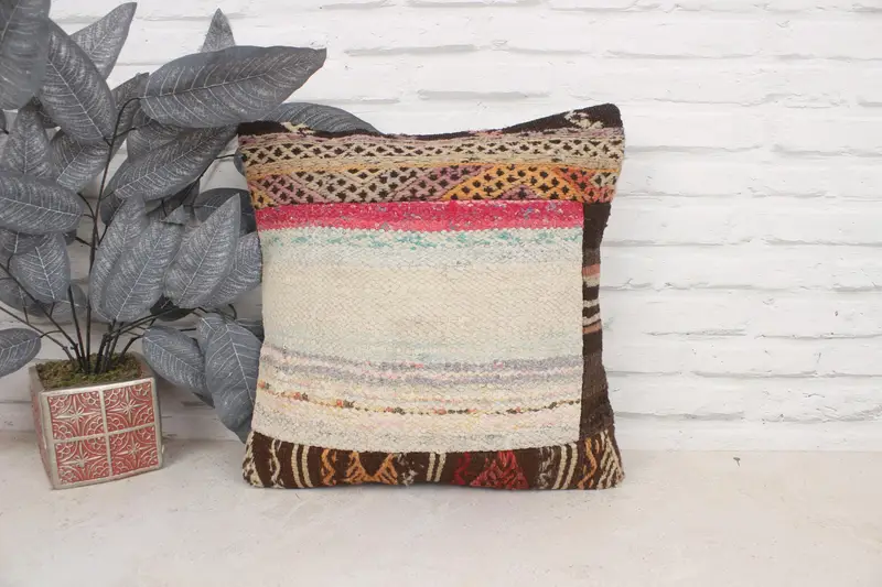 Cushion, Boho Pillow, Outdoor Patio Pillow, 16x16 Beige Cushion, Yoga Cushion Cover, Ethnical Kilim Rug Pillow, Vintage Pillow - 1