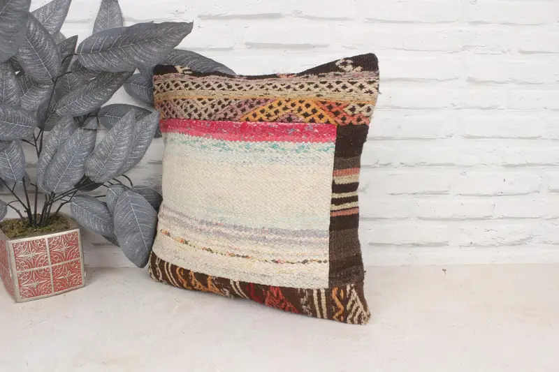 Cushion, Boho Pillow, Outdoor Patio Pillow, 16x16 Beige Cushion, Yoga Cushion Cover, Ethnical Kilim Rug Pillow, Vintage Pillow - 4