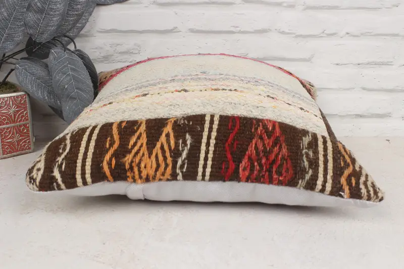 Cushion, Boho Pillow, Outdoor Patio Pillow, 16x16 Beige Cushion, Yoga Cushion Cover, Ethnical Kilim Rug Pillow, Vintage Pillow - 5