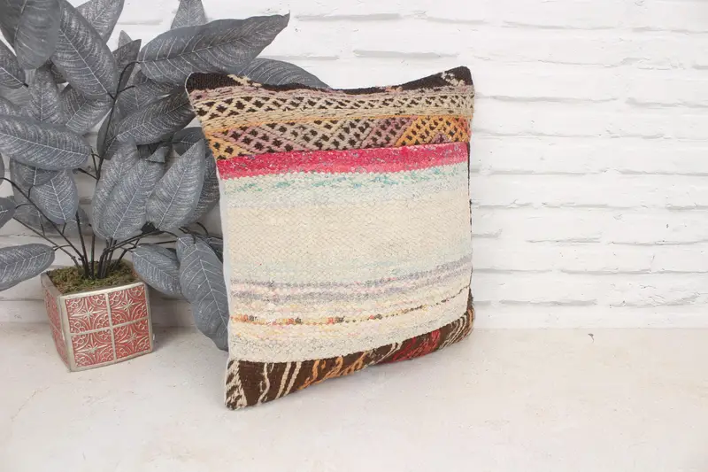 Cushion, Boho Pillow, Outdoor Patio Pillow, 16x16 Beige Cushion, Yoga Cushion Cover, Ethnical Kilim Rug Pillow, Vintage Pillow - 3