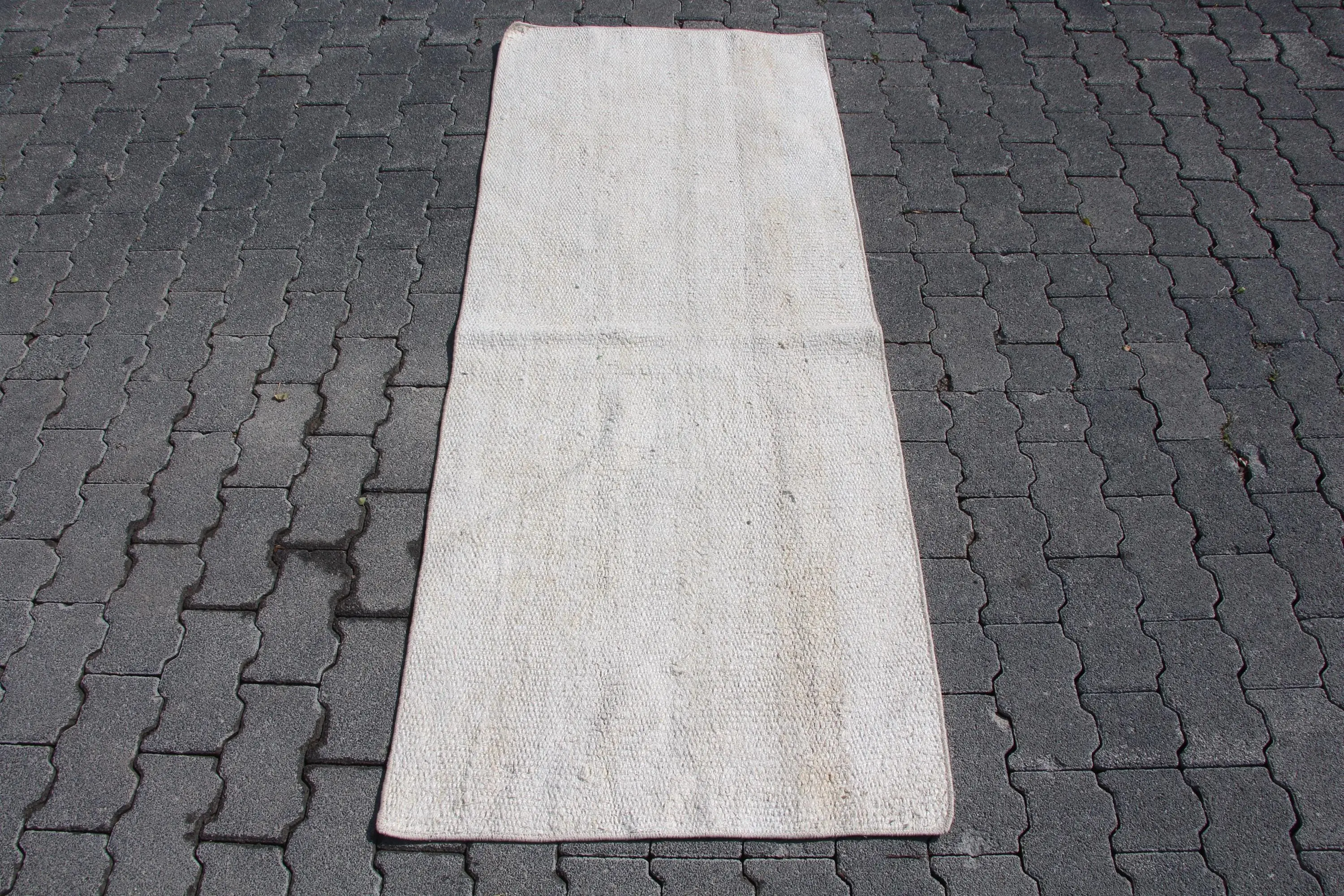 2.2x5.7 ft Turkish Vintage Rug, Runner Rug, White Gray Patchwork Wool Rug - 1