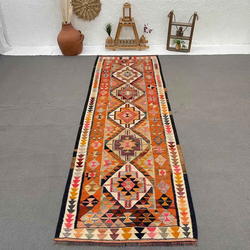 Vintage Türk Yolluk Halısı 3.5x10.5 ft, Kilim Turuncu Yün Halı - 1
