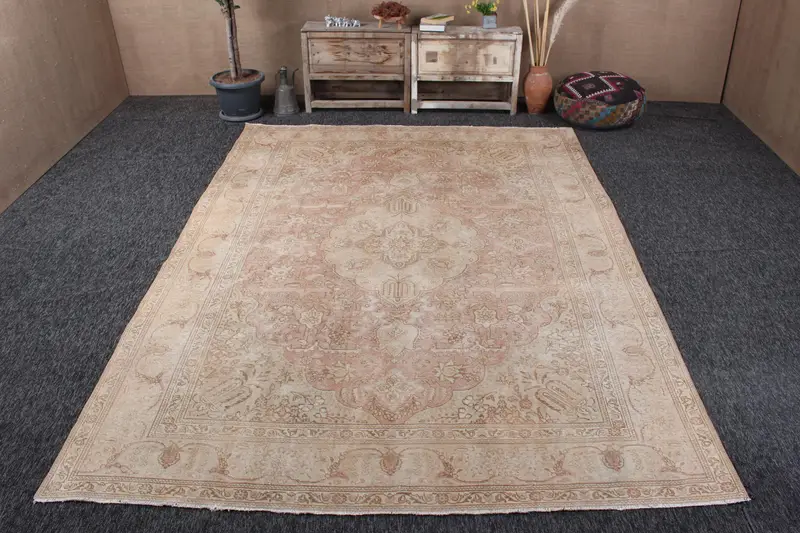 Turkish Oushak Oversize Rug 7.9x10.9 ft (242x333 cm), Vintage Brown Paisley Rug - 1