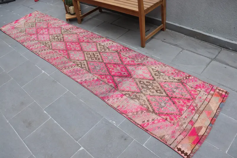 Vintage 2.5x11.5 ft Runner Rug, Turkish Rug, Herki Pink Ikat Rug - 1