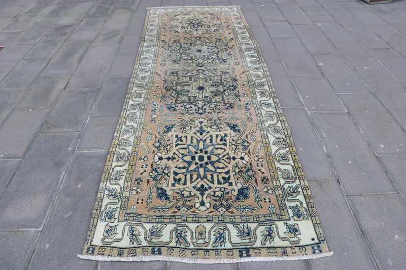3.6x11.4 ft Vintage Rug, Runner Turkish Rug, Blue Camouflage Rug - 1