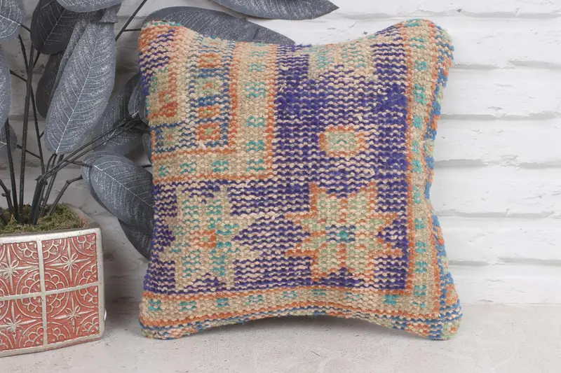 Interior Designer Pillow, Wool Kilim Pillow Cushion, 12x12 Blue Cushion, Vintage Kilim Throw Pillow, Pillow Sham, Kilim Pillow Cover - 1