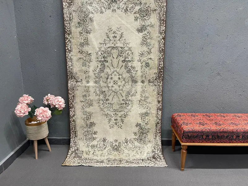 3.6x7.2 ft Vintage Rug, Area Turkish Rug, Gray Floral Rug - 1