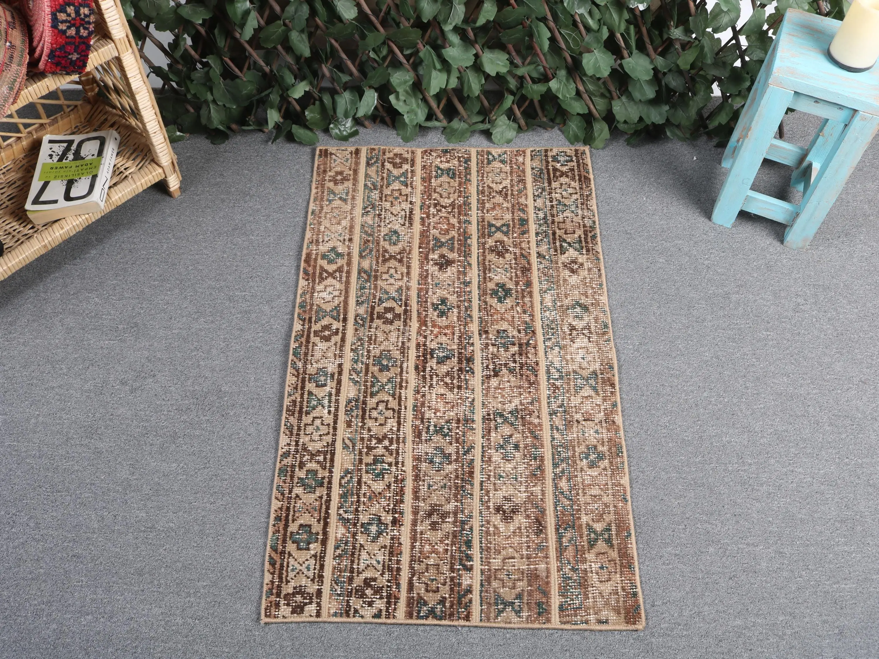 Turkish Vintage Rug, 1.8x3.2 ft Rug, Brown Small Striped Rug - 1