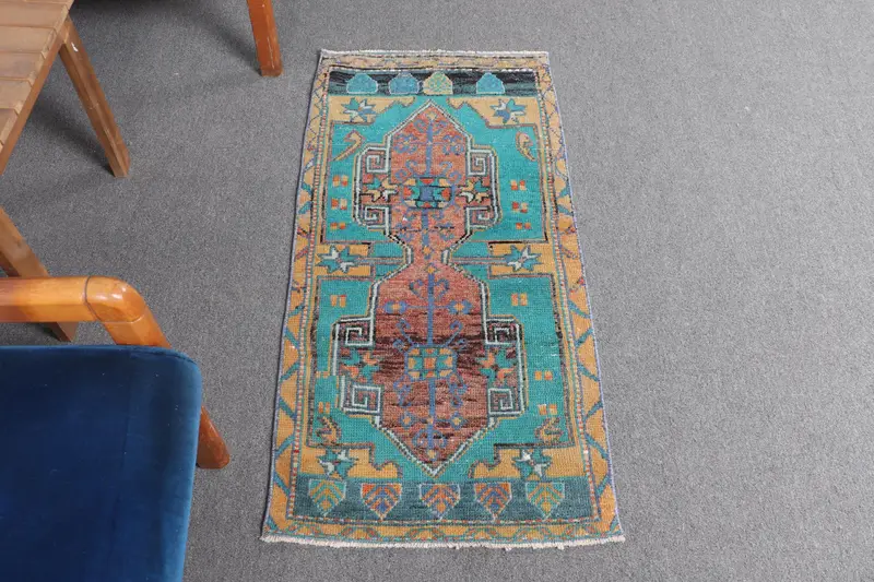 Türk Vintage Halısı, 1.7x3.6 ft Oushak Halısı, Mavi Yün Halısı - 1