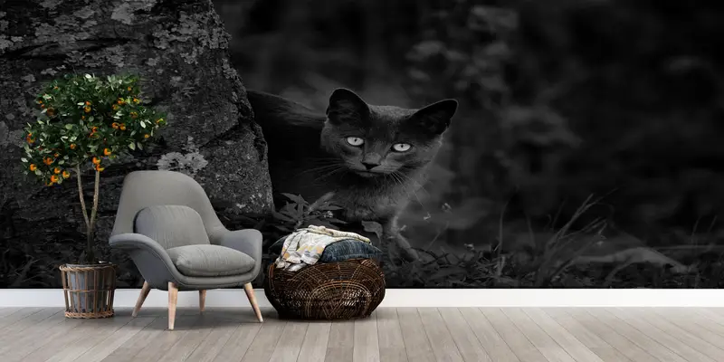 Kedi Severler için Zarif Siyah Doğa Manzara Baskılı Duvar Kağıdı